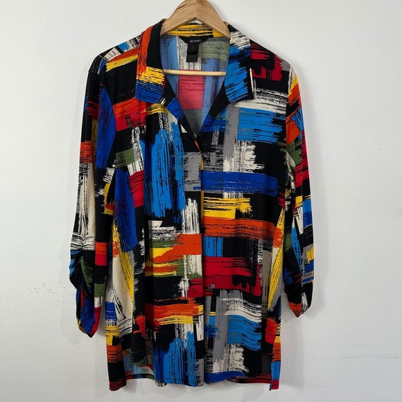 Ali Miles Abstract Paint Brushstroke Top Women's XL Popover Ruched Sleeves Artsy - Picture 1 of 7